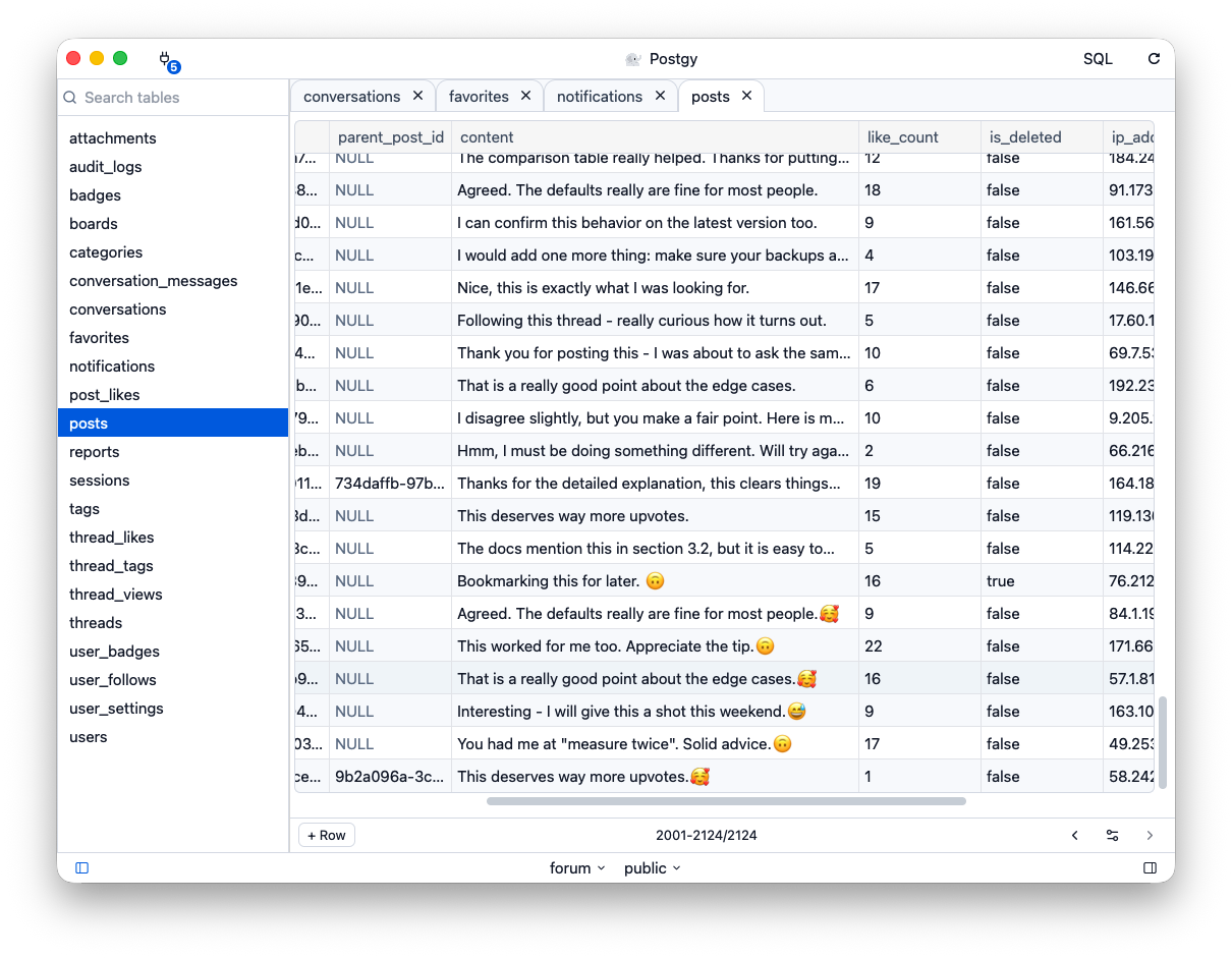 Postgy, a native PostgreSQL client for Mac, browsing and editing a table